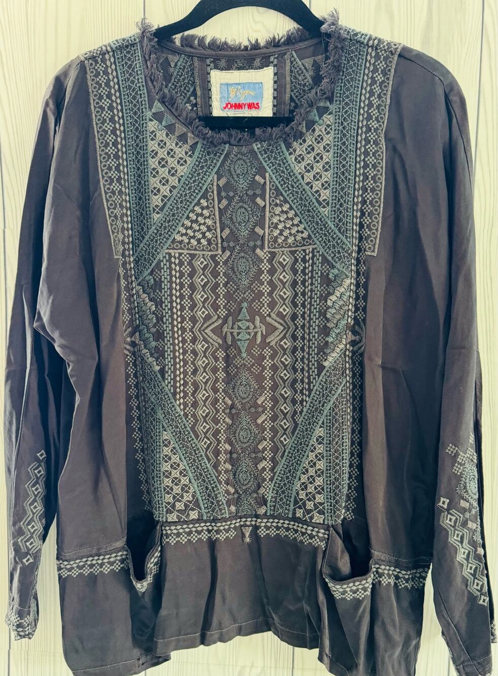 Johnny Was Peasant Embroidered Tassel-Tie Tunic w/Pockets Gray Size Small